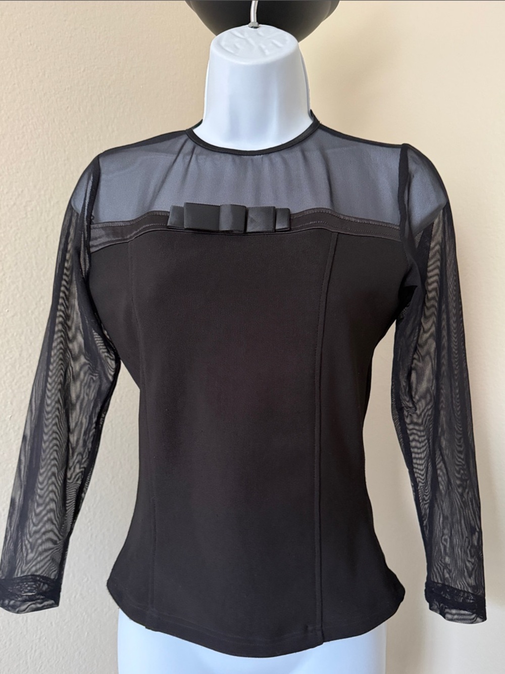Women’s Black Mesh-Sleeve Top with Bow Detail